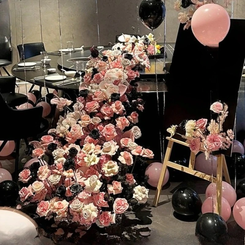 

Flower hotel wedding scene decoration, wedding banquet floral arrangement, birthday arrangement waterfall flower pink