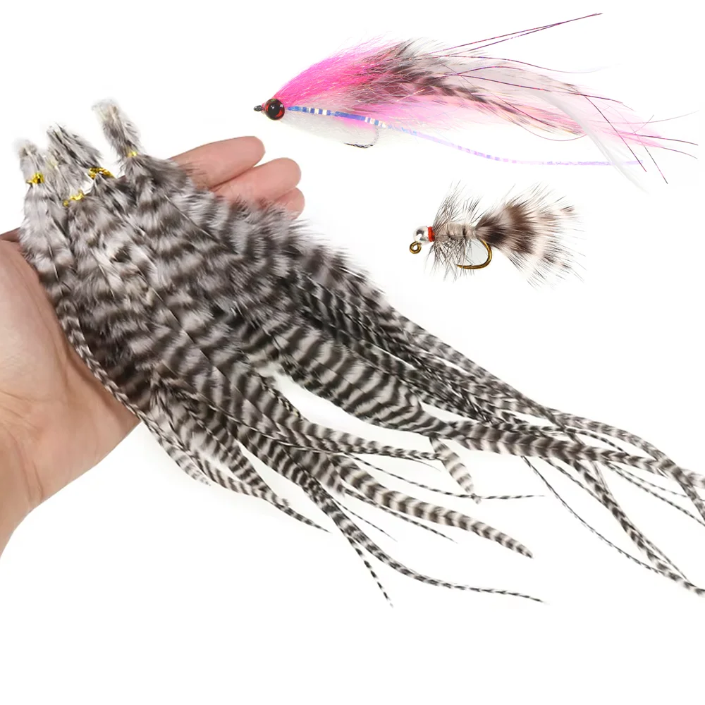 10 Stück/Packung Grizzly Saddle Hackle Hahnenhaar-Feder Fliegenbindematerial für Wooly Bugger Streamer Fliegen, Hechtangelköder