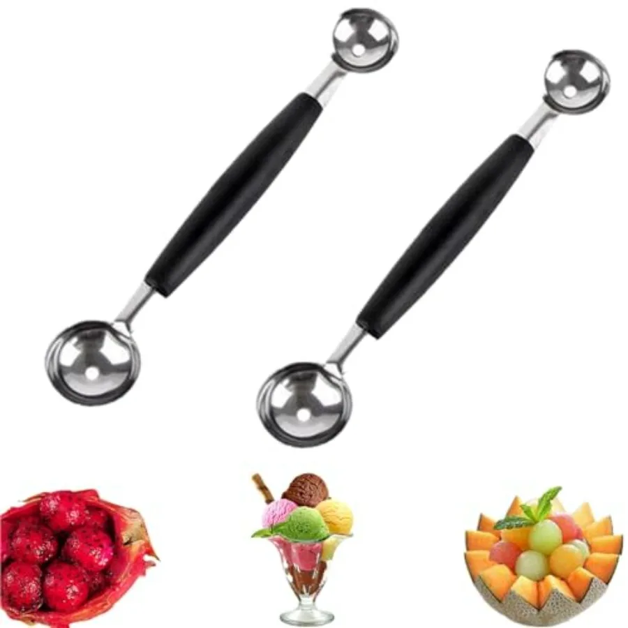 Paquete de 2 Cucharas para Hacer Bolas de Fruta y Helado de Doble Punta, Cuchara para Hacer Bolas de Melón de Acero Inoxidable, Bolas de Melón Redondas y Lisas, Cuchara para Melón