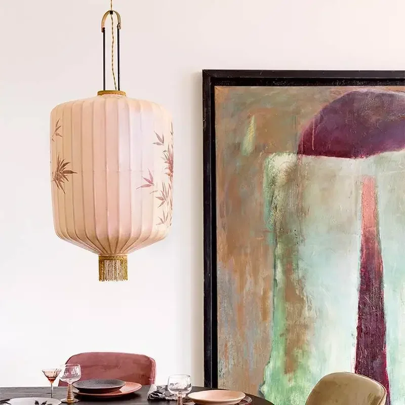 

SANDYHA Chinese Pendant Light Bamboo Leaf Pattern Chandelier Fabric Lampshade for Living Room and Dining Table Decoration
