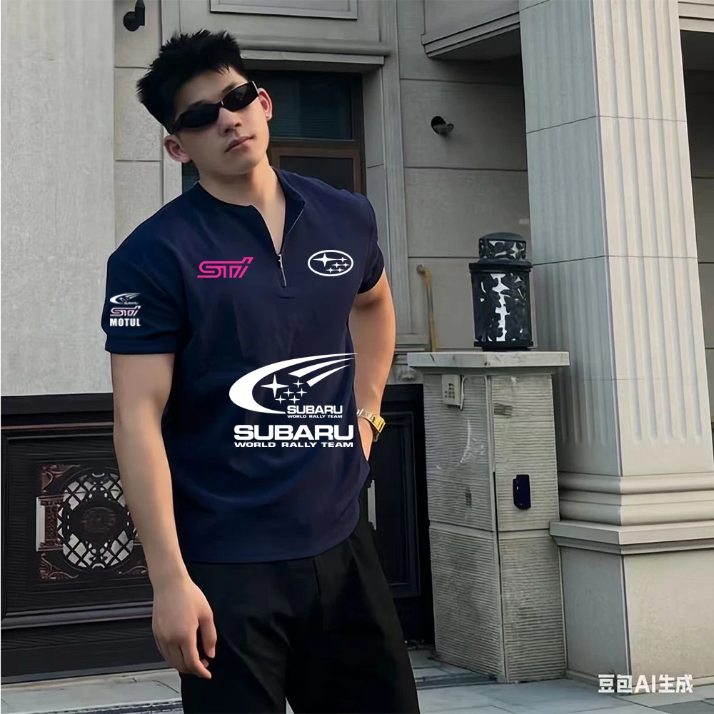 

SUBARU Henley collar T-shirt top single piece men's summer American trend short sleeved sports and fitness half sleeved racing s
