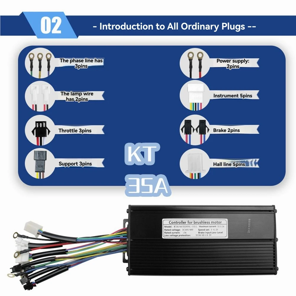

Контроллер синусоидального тока AB31 KT-35A для бесщеточных двигателей 500W/750W, 12-трубный, 36V 48V 52V, совместим с дисплеями KT