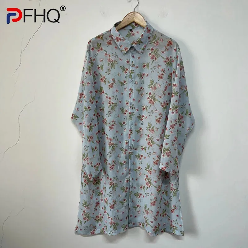 

PFHQ Elegant Draped Sunscreen Designer Men's Shirt Flower Print Long Sleeve Turn-down Collar Male Tops New Fashion 21Z5063