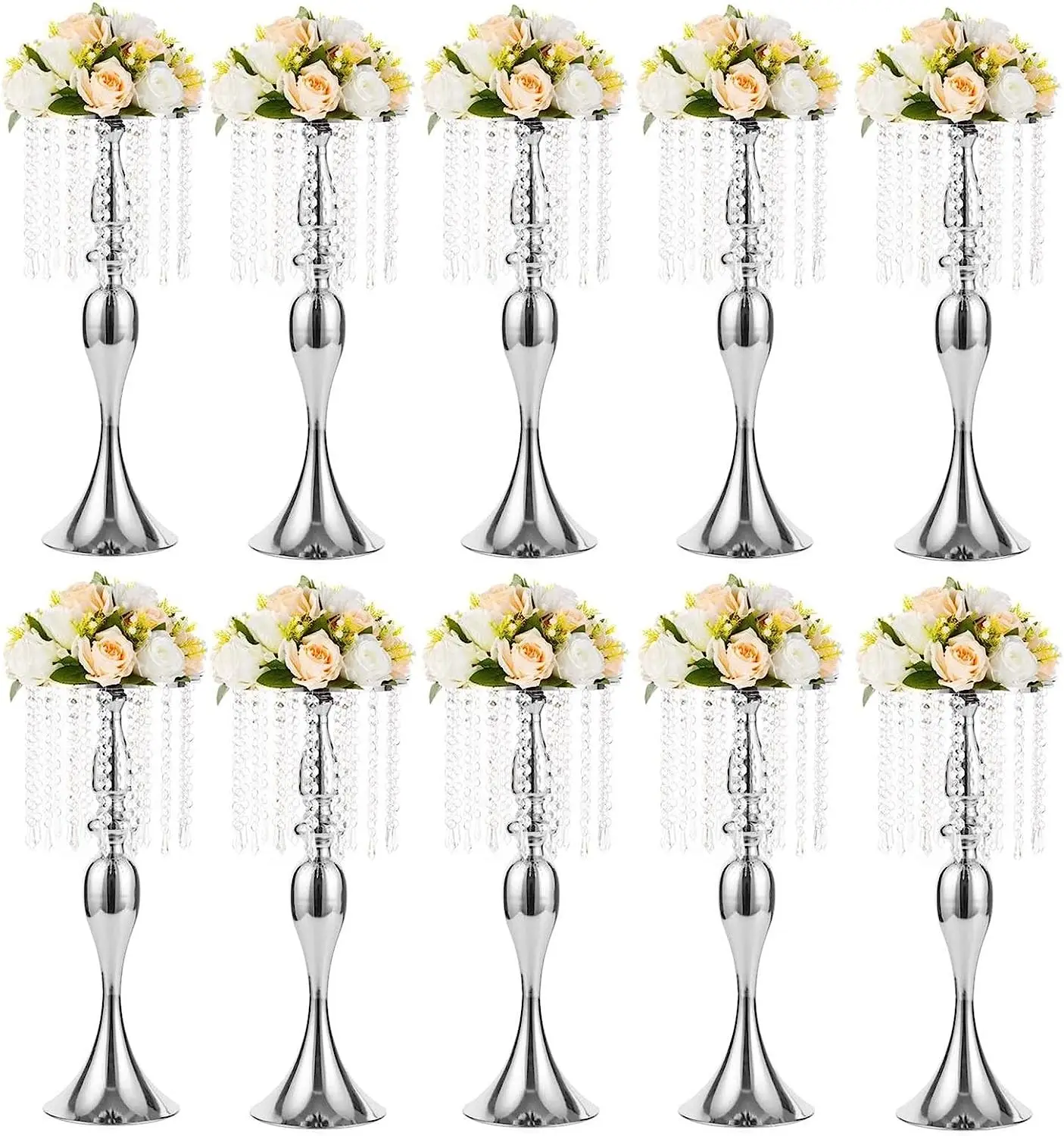 10 Pcs Wedding Centerpieces Vase for Tables, 54cm Tall Metal Gold Vases with Crystal Bead Chain for Wedding, Artificial