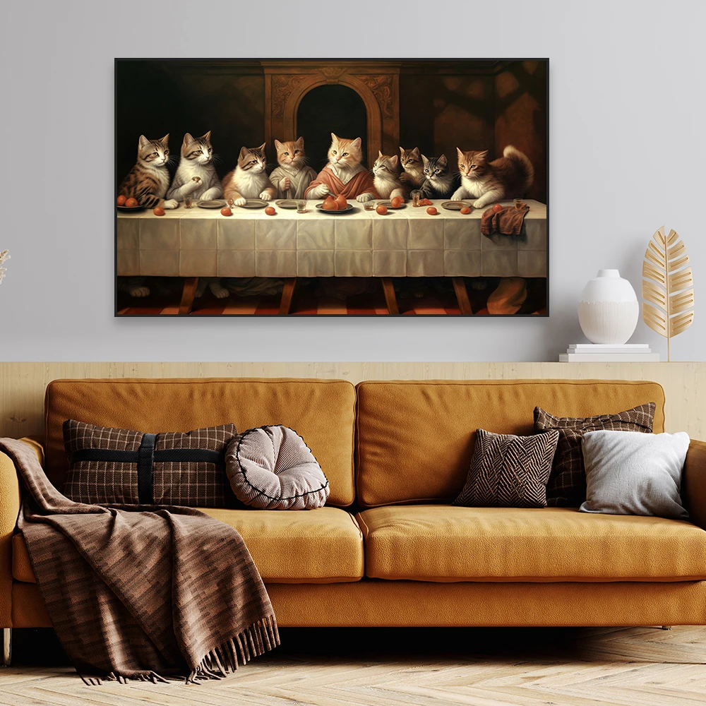 Last Supper Wall Art Poster Vintage Cats Animal Canvas Painting Prints Funny Cats Home Kitchen Dinning Room Wall Art Decoration