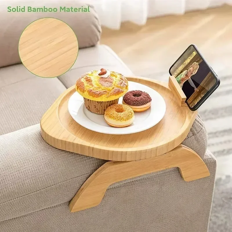 1pc Sofa Arm Tray Table with Phone Holder Sofa Armrest Clip-On Tray Wooden Couch Arm Tray for Remote Control Snacks Coffee Cups