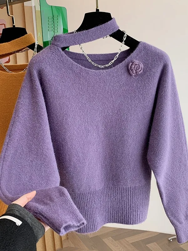 

Ladies' Floral Hollow out oulder Sweater Ele Gentle Sle Bal Ne Hanging Winter Warm Knitted Top for Women