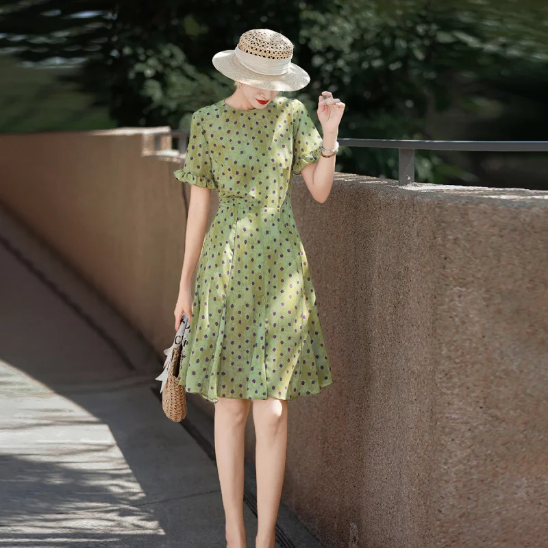 MEXCOCO Women Chiffon Polka Dot A Line Dress 2026 Summer New Elegant French Vintage Petite Slimming Dress