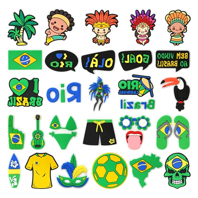 I Love Brazil PVC 신발 참, 축구 골 기타 의류 패턴 샌들, 신발 버클 장식, 손목 스트랩 버클 선물