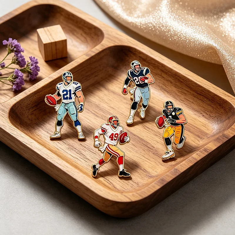 4Pcs American Football Player Enamel Pins Set, Sport Character Lapel Brooches, Decorative Badges for Jacket Backpack Fans Gift