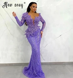 Vestido de noche lila de manga larga con cuello en V, vestidos de graduación de boda con diseño de hojas, sirena, talla grande, hecho a medida vestido de fiesta, recién llegado