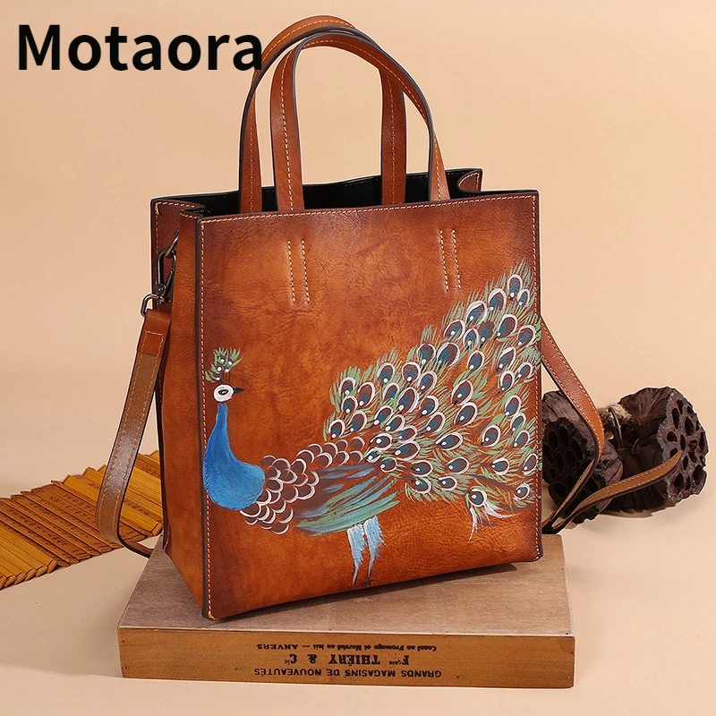 MOTAORA Genuine Leather Hand Painted Women Shoulder Bags For Woman Bag Casual Tote Vintage Animal Prints 2024 New Lady Handbag