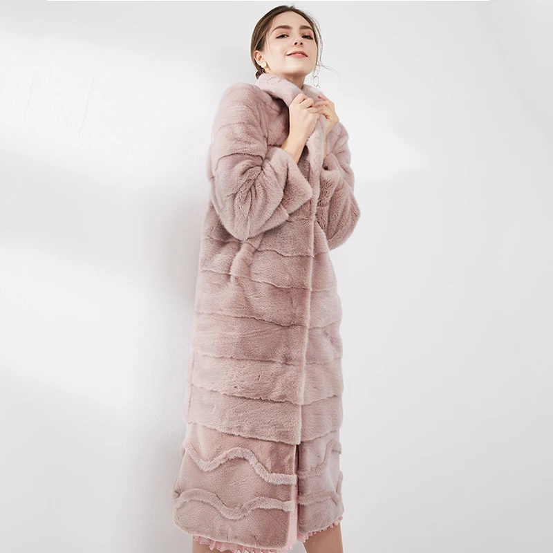 Ftangaiur جديد الشتاء استيراد المخملية معطف فرو المنك كم طويل المرأة بدوره إلى أسفل طوق لون نقي X-طويلة معاطف فرو المنك الطبيعي