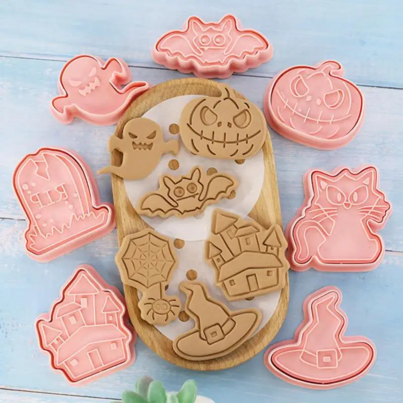 Cookie Cutters Set Cartoon Owl Castle Pumpkin Witch Vampire Skull Pressable Cookie Stamp Biscuit Mold Halloween Decoration