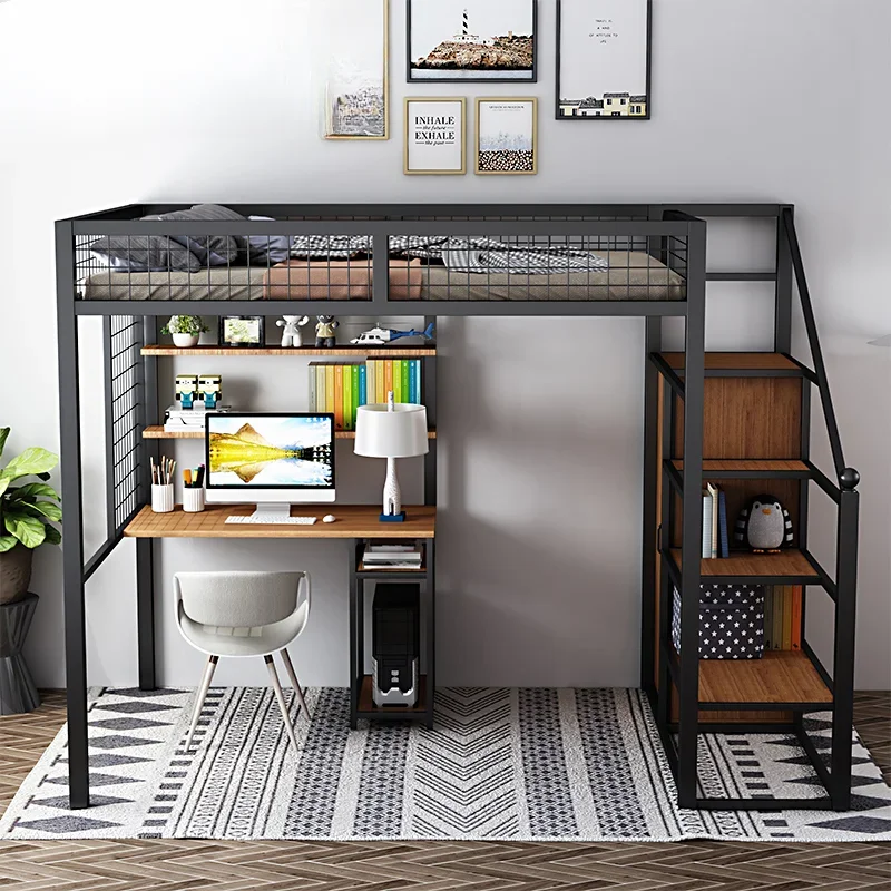 Nordic wrought iron bed under the table elevated apartment space saving upper and lower iron frame small apartment
