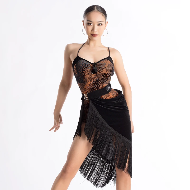 Latin Dance Set Customized Sexy Leopard Pattern Sleeveless Top+Senior Velvet Tassel Skirt 2pcs Tango Samba Performance Costume