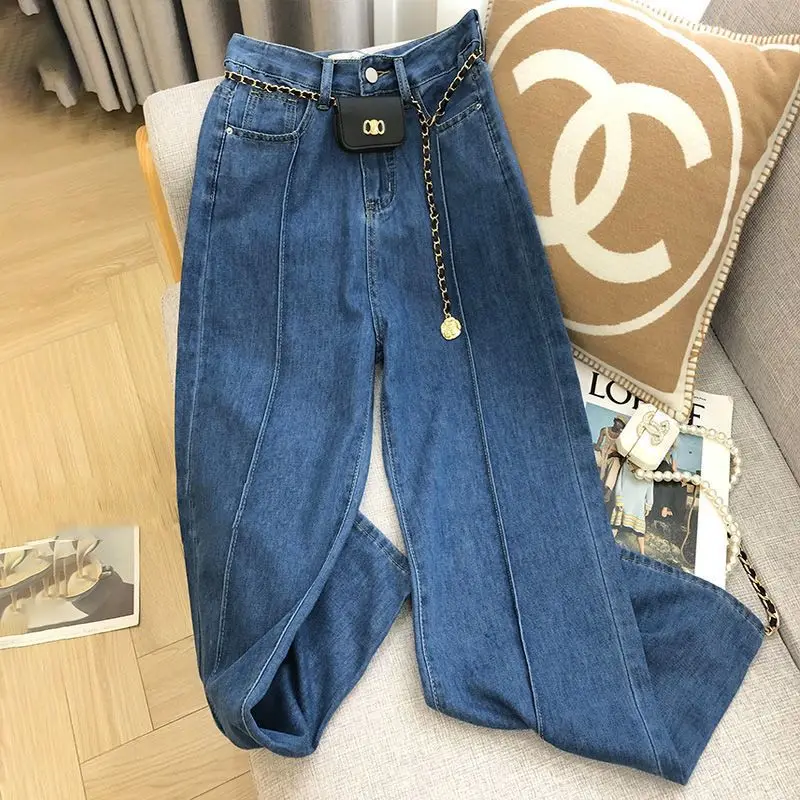 

Spring 2025 High Waist Straight Leg Blue Jeans Women's Design Sensation Wide Leg Pants Slimming Versatile Korean Style
