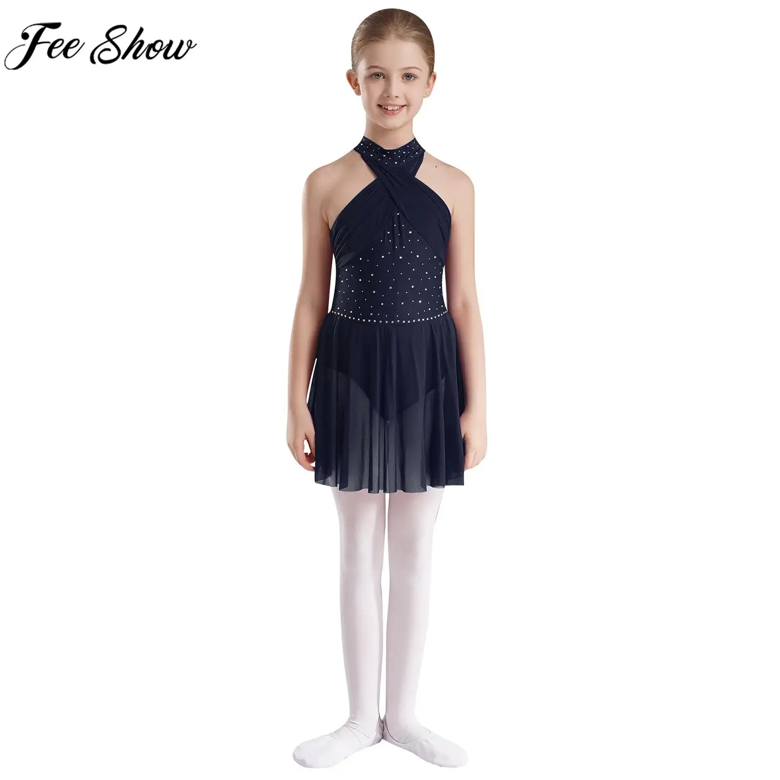 Girls Figure Skating Leotard Dress Modern Lyrical Dance Ballet Rhythmic Gymnastics Performance Dancewear Rhinestone Mesh Tutu