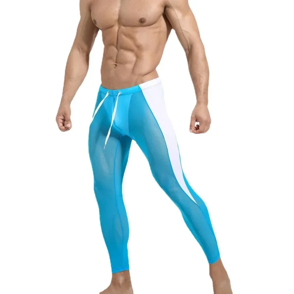 Bragas deportivas transparentes de malla para hombre, ropa interior Sexy, moldeador de cuerpo, Media larga, pantalones ajustados transpirables para