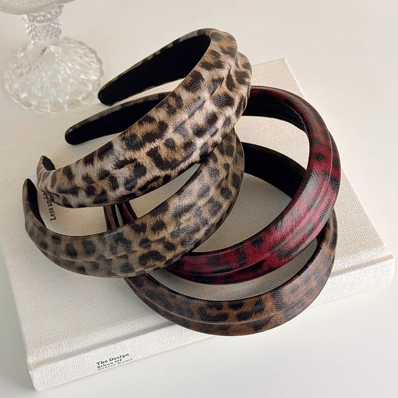 Leopard Print Headbands for Women Imitation Leather Retro Hair Hoop Hair Bands Makeup Headwear Headband Female Hair Accessories
