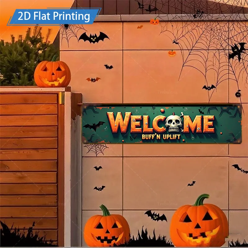 1 قطعة علامة معدنية ، 4x16 بوصة هالوين الجمجمة اليقطين علامة ترحيب ، ريفي الخشب سياج ديكور ، احتفالي 2D فن الطباعة المسطحة #4