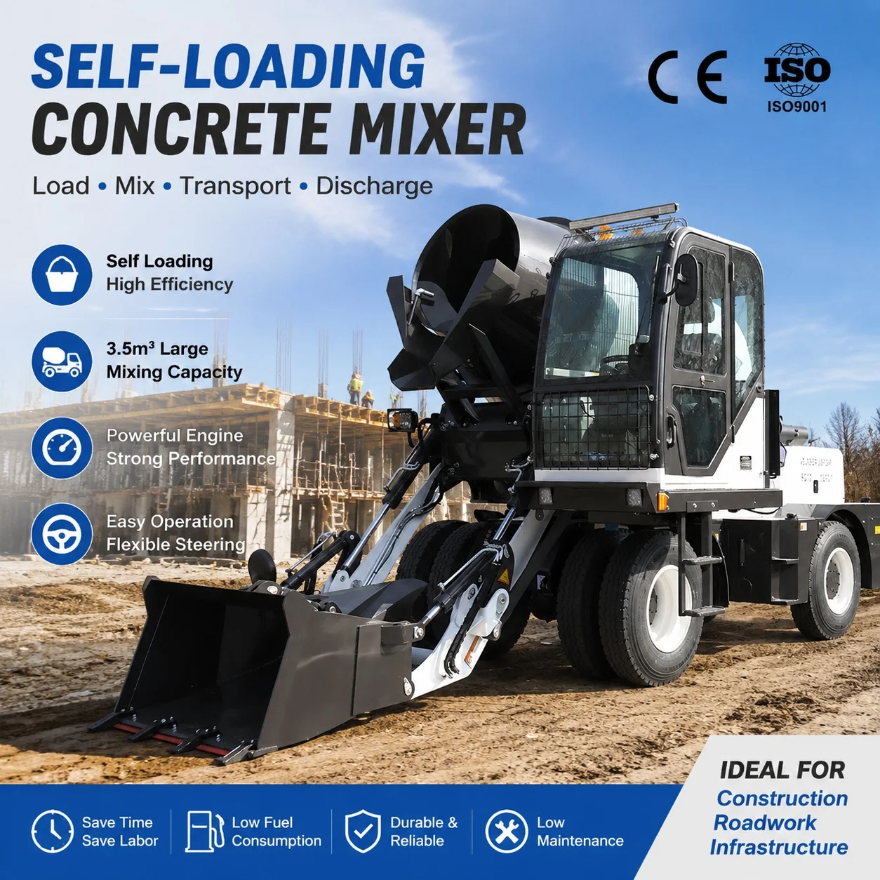 

Excellent Quality CE Certificated self loading 4WD small concrete mixer concrete mixer machines for sale