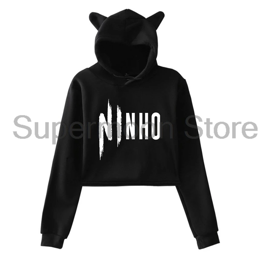 

Толстовка с капюшоном с логотипом Pop Singer Ninho, женская толстовка с капюшоном и кошачьими ушками, укороченный топ с длинными рукавами, женская одежда