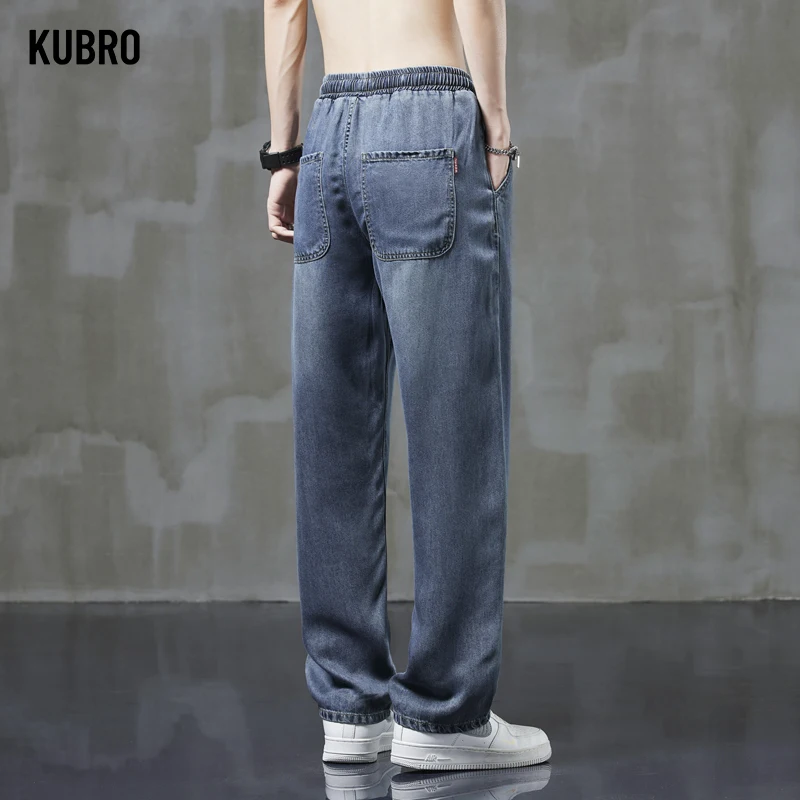 KUBRO 2024 moda de verano de alta calidad pierna ancha cintura elástica Lyocell Tencel Jeans hombres sueltos rectos finos pantalones de marca de moda