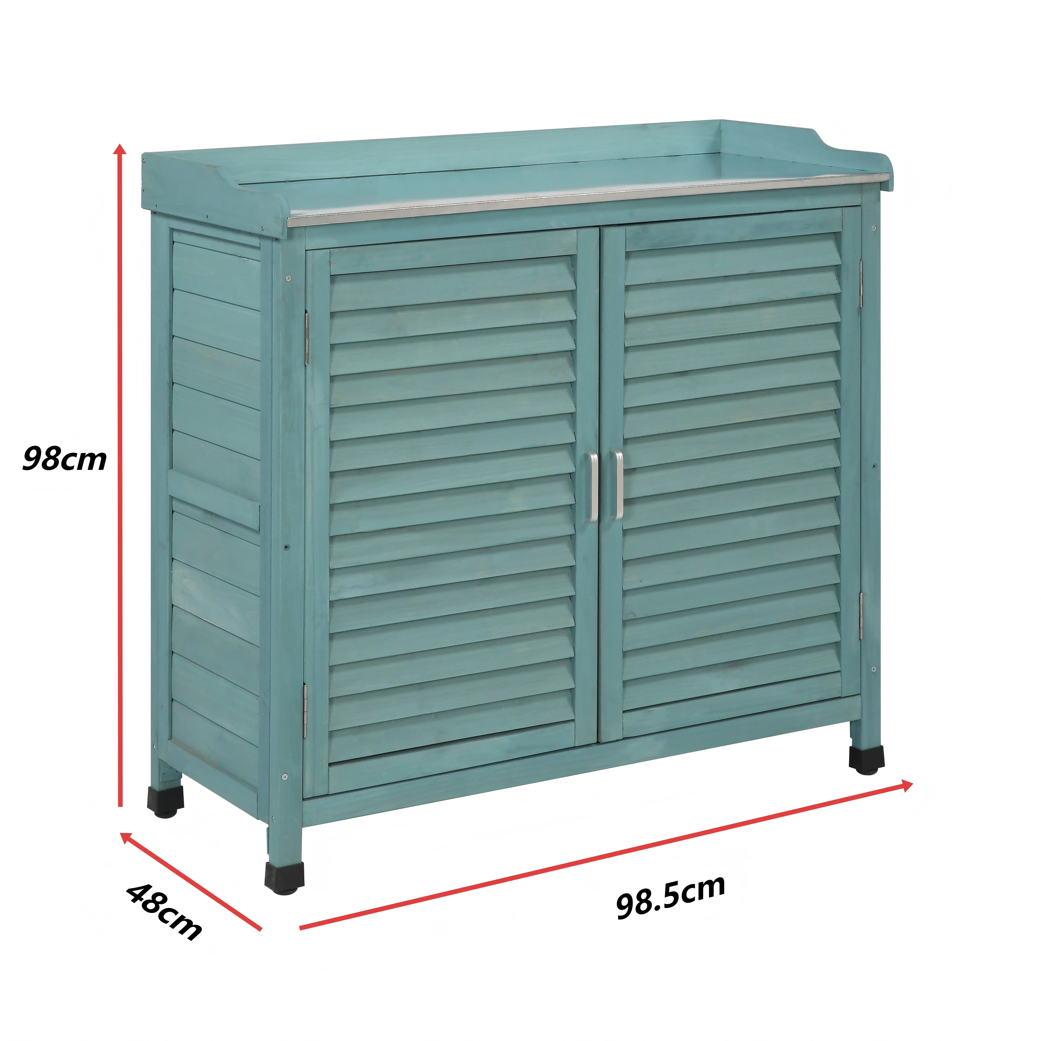 Brand New Blue Color Wooden Potting Bench Worktable with Metal Tabletop and Storage Cabinet for Garden