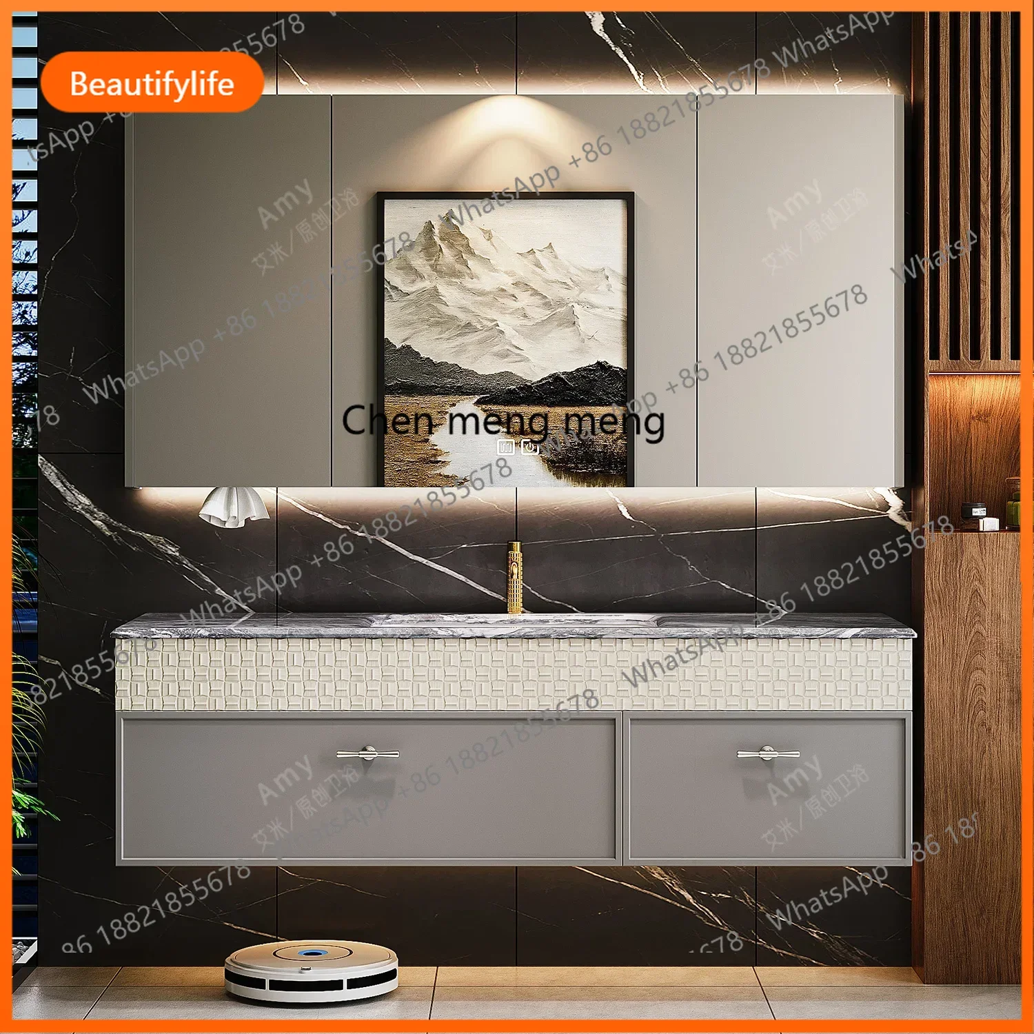 Light luxury hotel wind luxury stone bathroom cabinet combination bathroom cream wind washstand basin cabinet