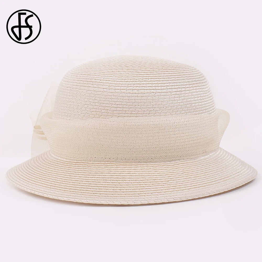 FS Elegant Bowknot Champagne Sunshade Hats For Women Outdoor Sun Visor Bucket Caps UV Protection Fedoras Foldable 2024 Summer