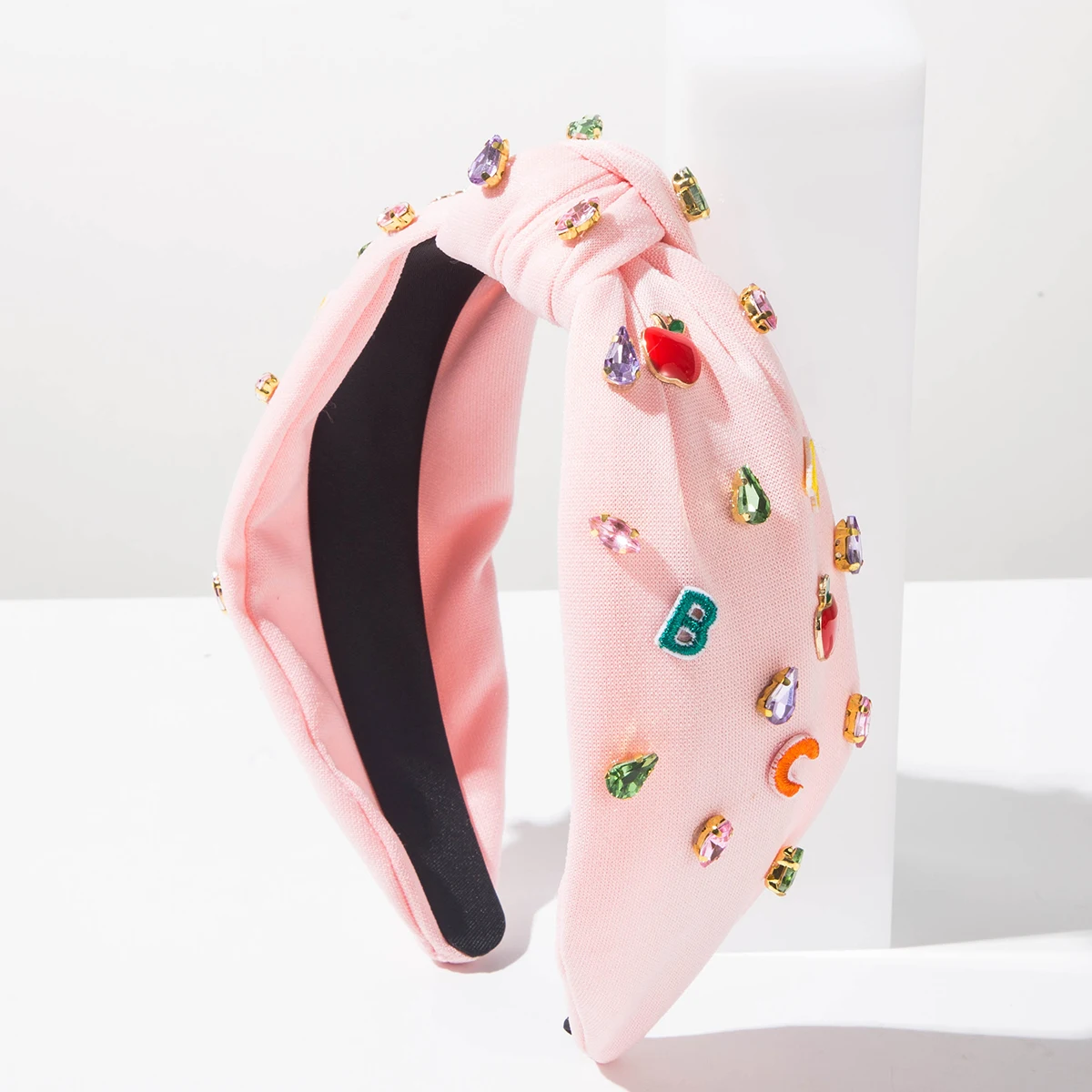 Korean Version New Back To School Season Solid Color Diamond Studded Apple Letters ABC Accessories Wide Edge Knotted Headband