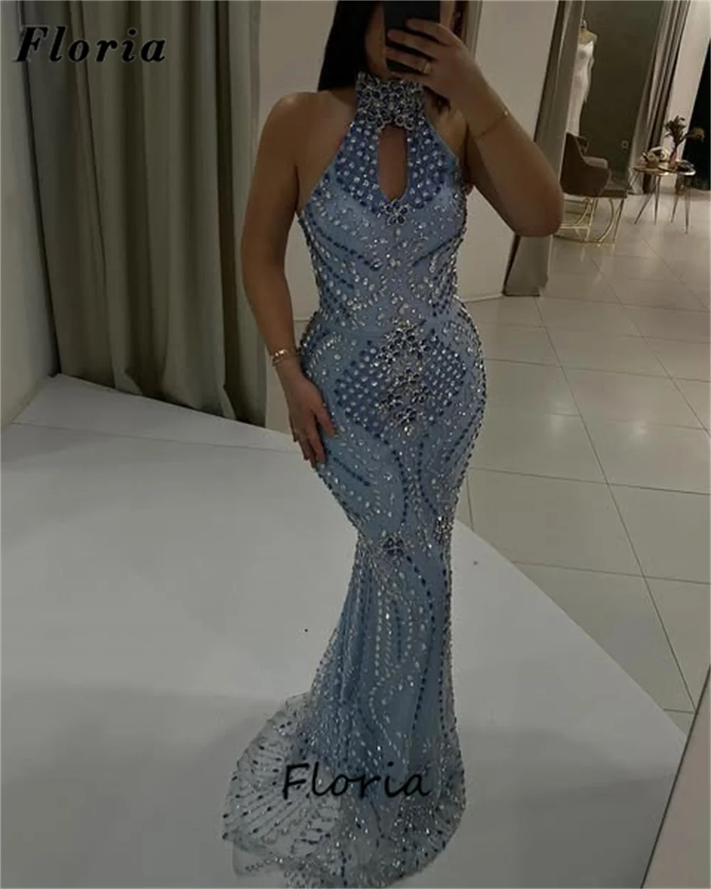 

Full Beaded Mermaid Cocktail Dresses Blue Crystals Formal Occasion Dress Robes De Soiree 2025 Dubai Birthday Party Evening Dress