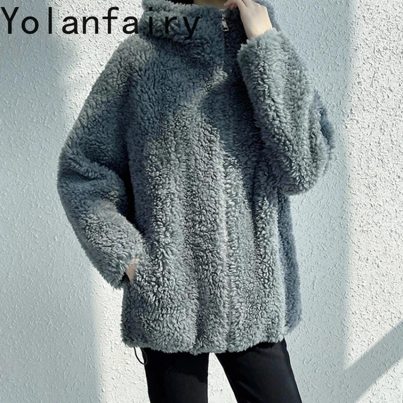 YOLANFAIRY 100% lana vera pelliccia cappotto donna agnello cappotti invernali con cappuccio abiti corti da donna tosatura giacche naturali Abrigos