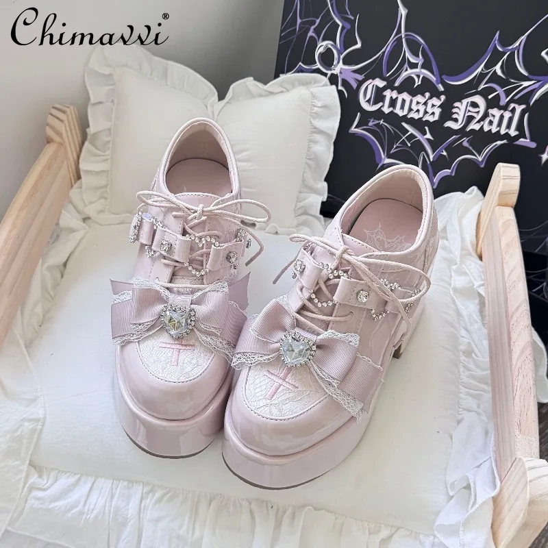 

Original Thick-Soled Mary Jane Women's Shoes 2025 Autumn New Japanese Sweet Rhinestone Bow Elegant Lolita Princess High Heels