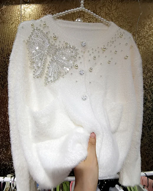 Sequins 3D Elegant Bow White Mink Women Beaded Shiny Plush Knitted Cardigan Autumn Winter New Thick Warm Sweater