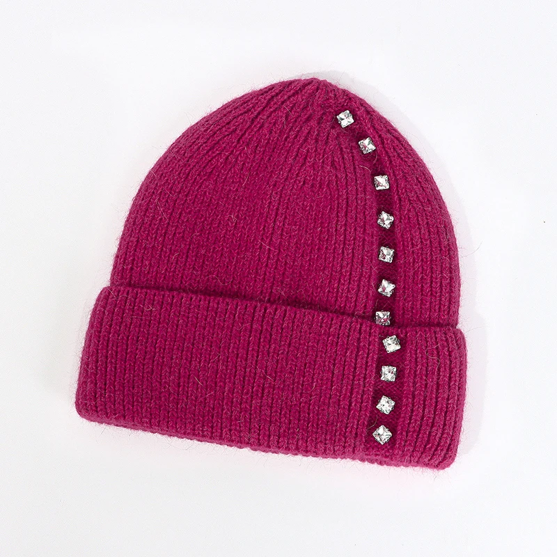 Angora Hat Rhinestone Women Winter Knit Beanie Autumn Warm Solid Color Skiing Accessory For Sports Outdoor Holiday