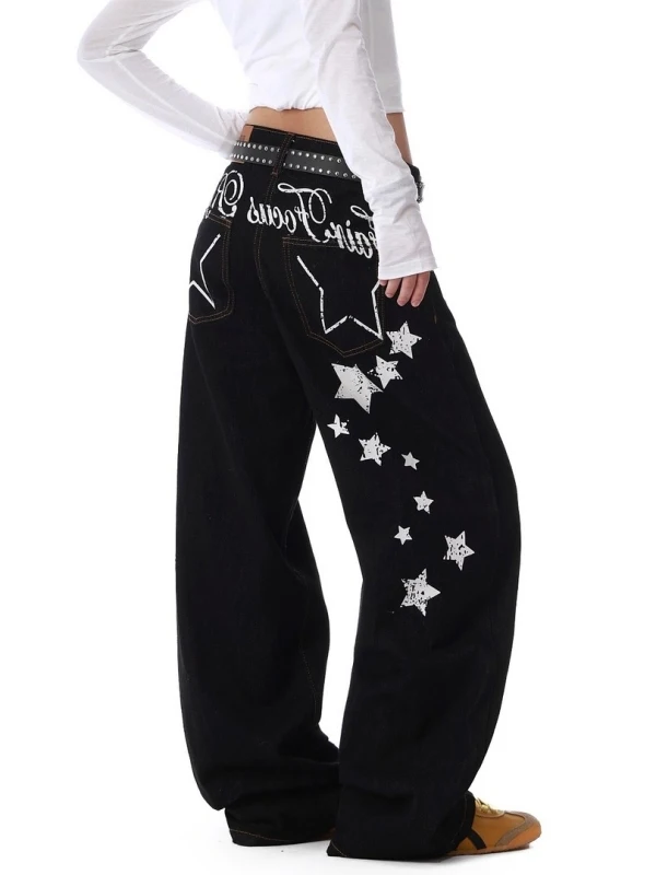 Calças Jeans Americanas Retrô com Estampa de Estrelas, Perna Larga, Unissex, Primavera, Estilo High Street, Soltas, Retas, Ca...