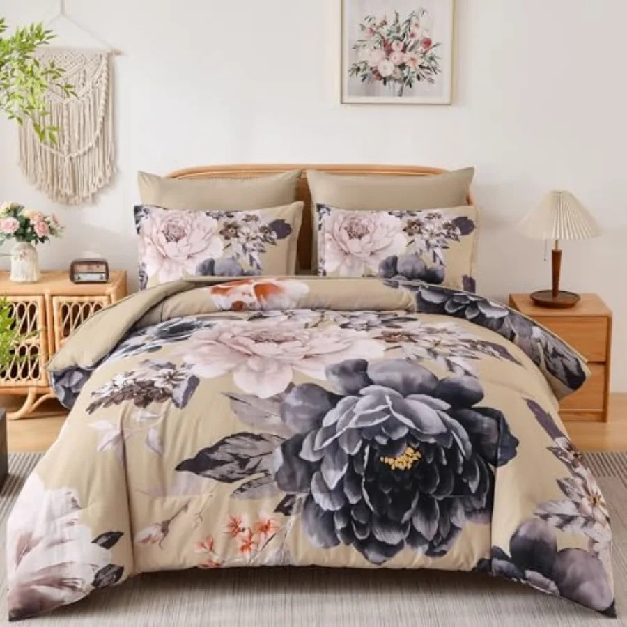 

Floral Comforter Set Queen Size 7 Pieces Bed in a Bag Elegant Flower Bed Set Lightweight Comforter for All Season with Flat She