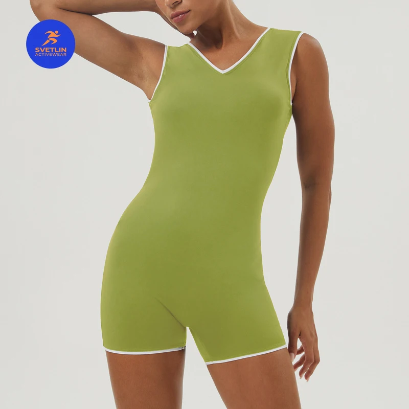 SVETLIN EU US Size Top Quality Crossborder New Deep Back Color Block Yoga Jumpsuit V Shape Hip Lifting Short Bodysuit Built