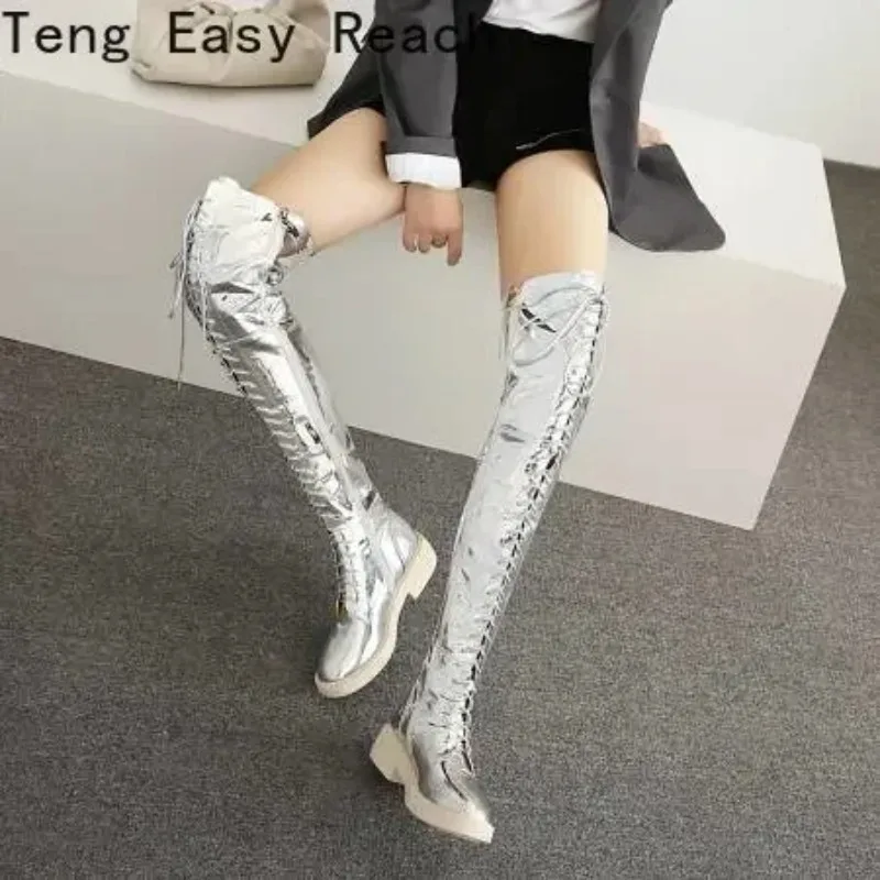 2025 Spring Autumn Lacing Knee High Boots Women Fashion White Square Heel Long Boots Woman Leather Shoes Winter Large Size 34-43