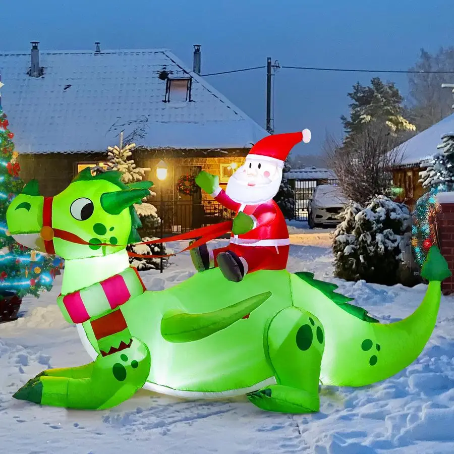 

6 FT Long Christmas Inflatable Dragon Outdoor Decoration, Inflatable Santa Riding Green Dragon with LEDs, Christmas Blow Up Sant
