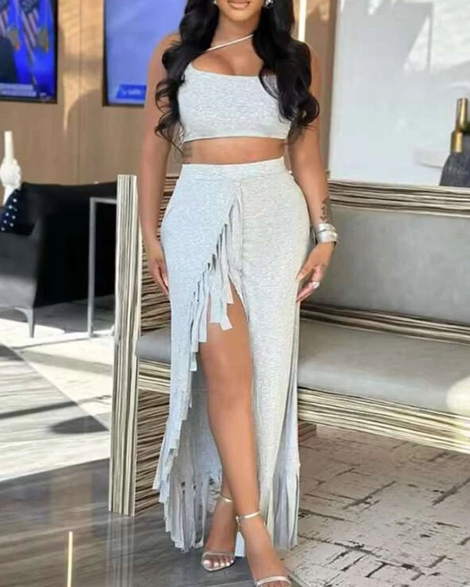 Women's Urban Style Suits 2024 Spring/summer Latest Solid Color Asymmetric Neck Sleeveless Crop Top&slit Tassel Design Skirt Set
