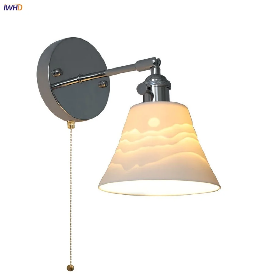 IWHD Iron Ceramic LED Wall Lights Living Room Balcony Study Nordic Modern Pull Chain Switch Bedroom Bedside Lamp Sconce Wandlamp