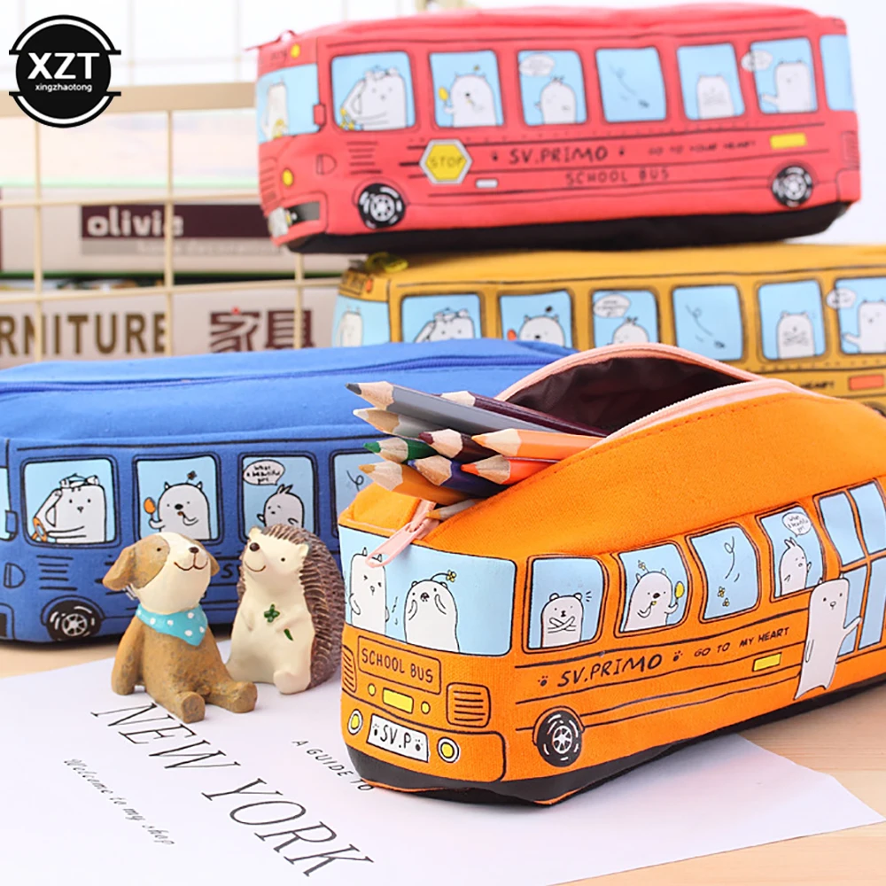 Cartoon Bus Pencil Bag Canvas Large Capacity Car Zipper Pen Pencilcase for Student Stationery School Supplies