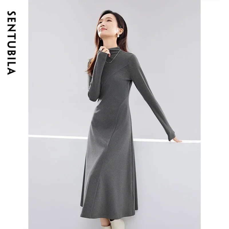 SENTUBILA Turtleneck Fitted Warm Knitted Dresses Women 2024 New In A Line Midi Long Sleeve Winter Dress Woman Clothing 134L53186