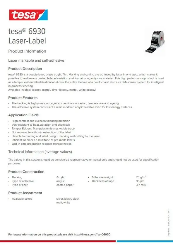 TESA 6930 Laser-Label 120mm x 1m High Performance Tape for Marking and Cutting