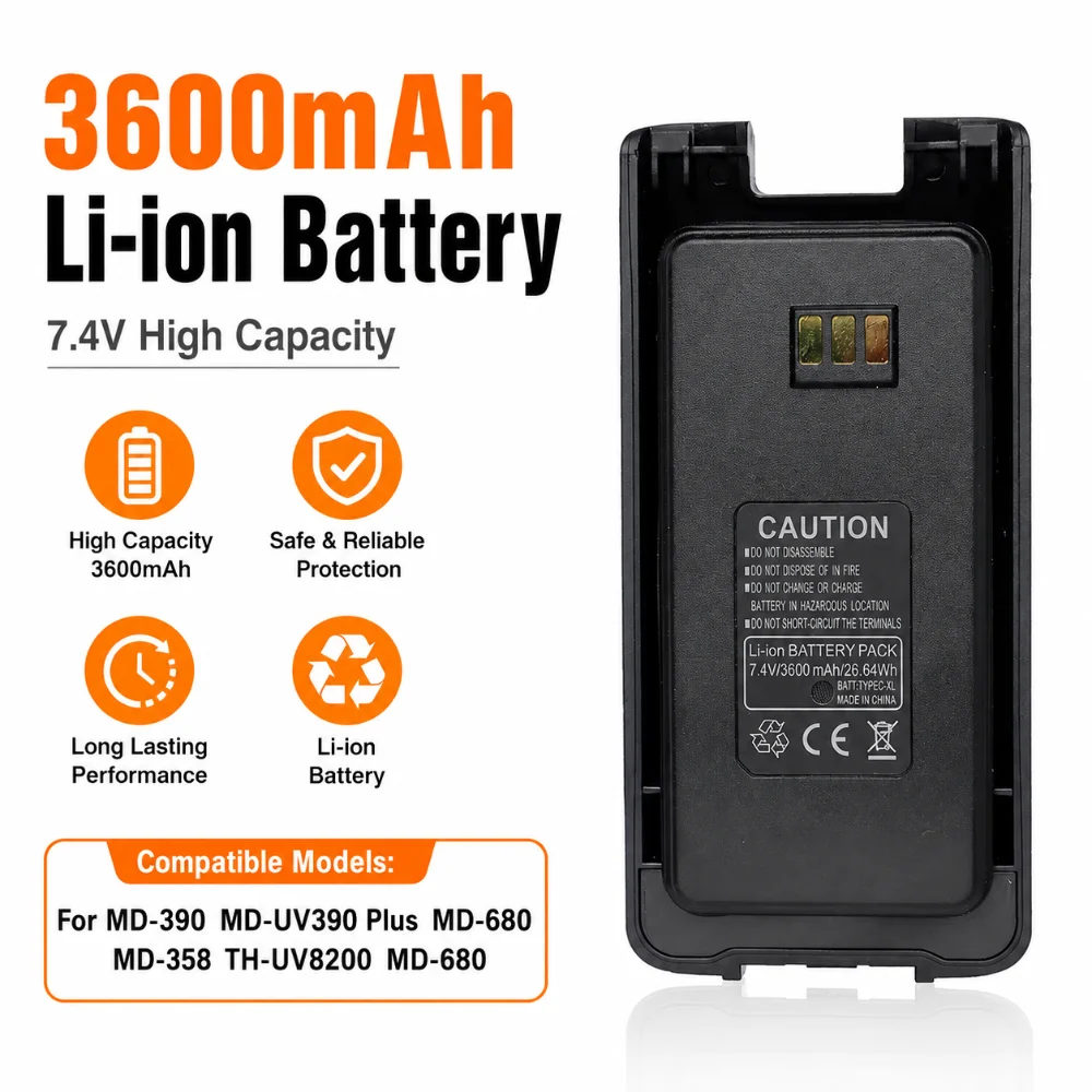 New 3600mAh 7.4V Walkie Talkie Battery for TYT TC-8000 TH-UV8200 MD-390 MD-680 MD-UV390 Plus MD-358 Type-C Port Supported