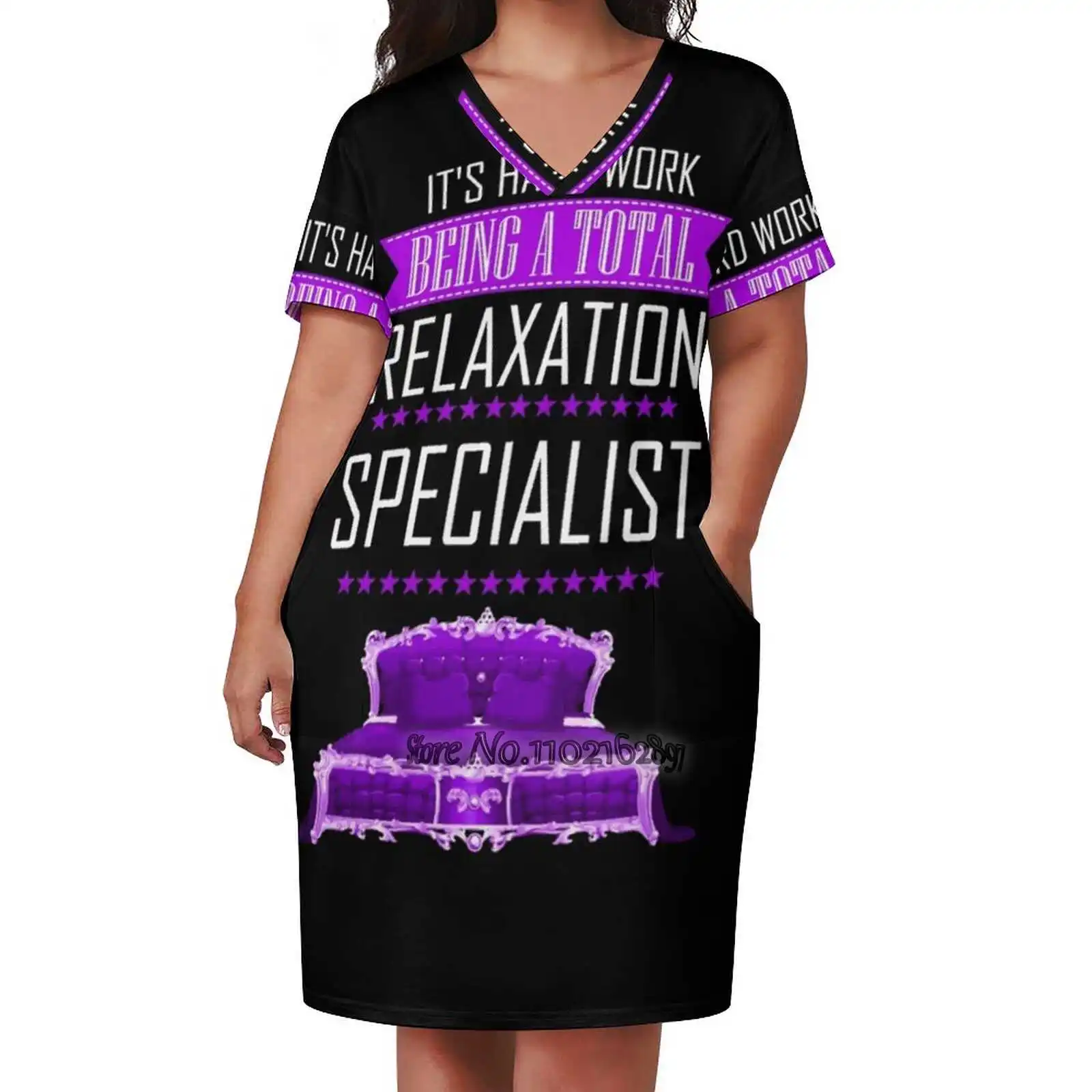 Relaxation Specialist ( Purple ) Sexy V-Neck Dress Fashion Casual Printed High Quality Short Sleeve Skirt 5Xl Sleep Relax