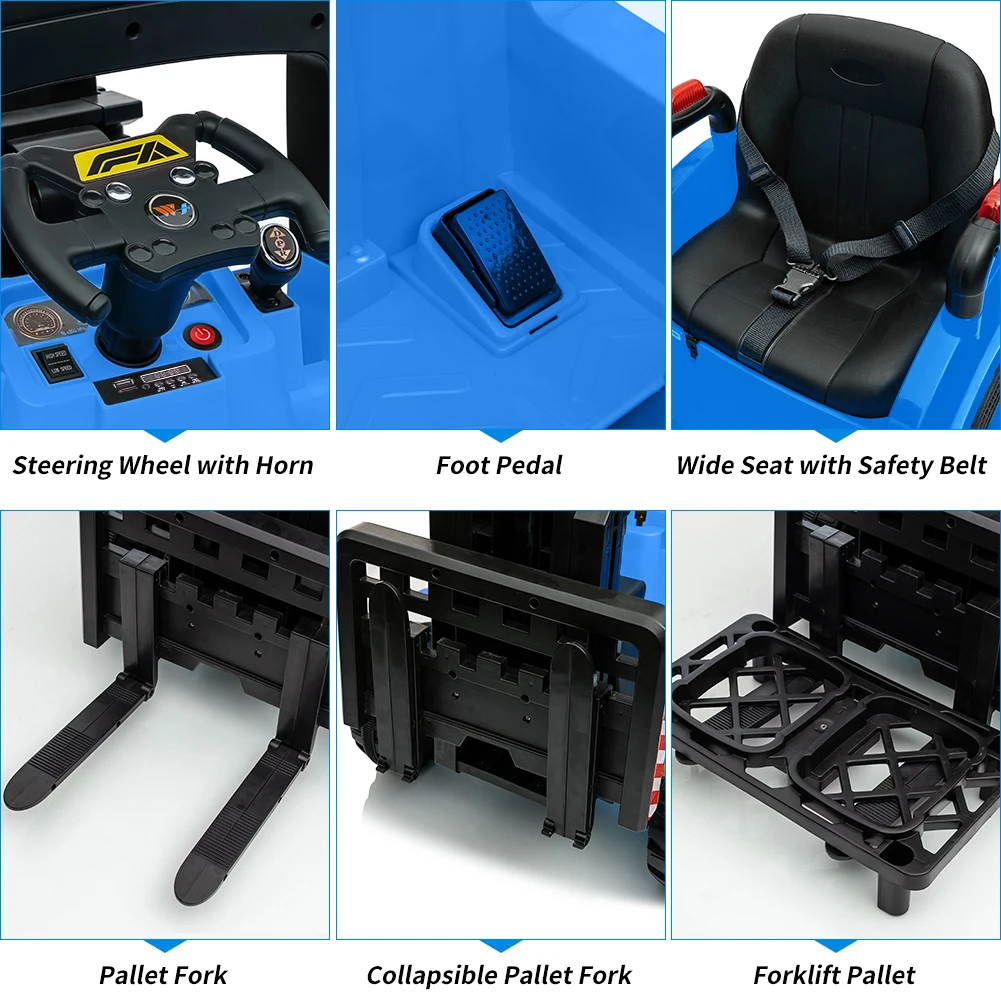 12V 電動フォークリフトカー、2つの速度モード、リモコン、昇降可能なフォークとパレット、USB付きの電動建設トラック